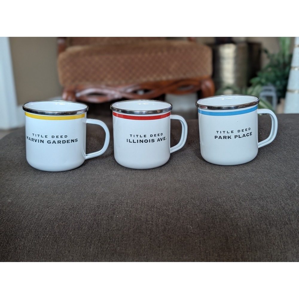 Hasbro Monopoly Metal Mug Set Park Place Illinois Ave Marvin Gardens Title Deed
